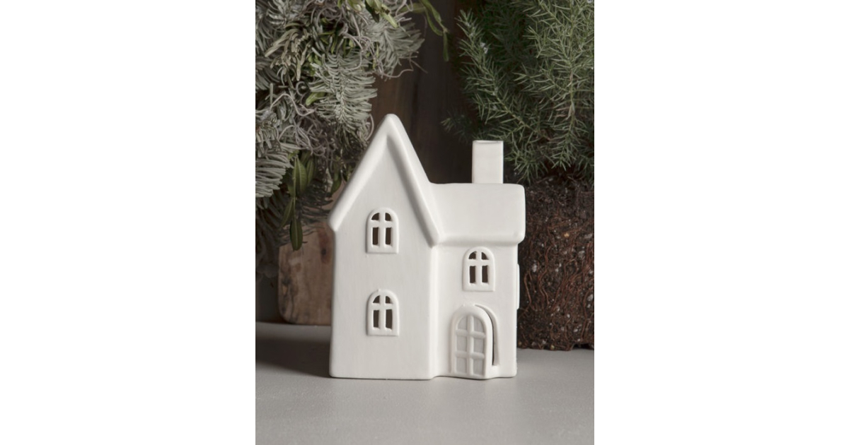 Decorazione Natalizia Storefactory – Casetta In Ceramica BYN Nr. 1, Bianco Opaco, Illuminabile Con Catena LED